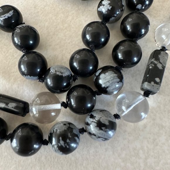 Sterling silver vintage black snowflake obsidian clear glass beaded necklace - Picture 2 of 8
